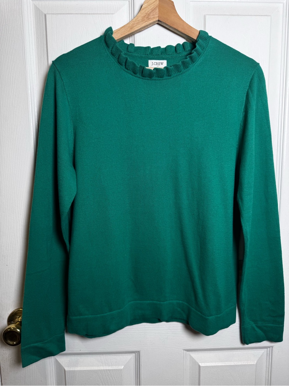 J.Crew Cotton Ruffleneck Sweater Emerald Green Ruffle Neck Medium Classic Preppy